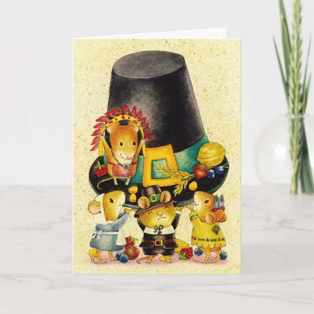 Cute Thanksgiving pilgrim mice custom card (Front)
