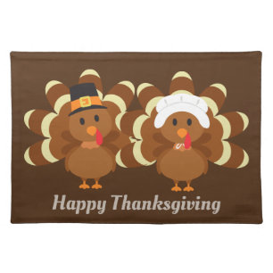 Cute Thanksgiving pilgrim turkey couple Cloth Placemat