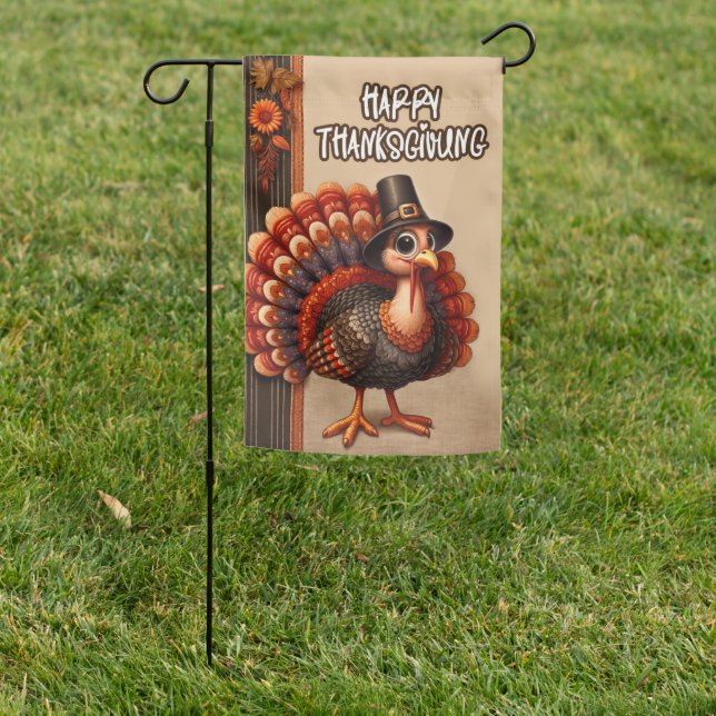 Cute Thanksgiving Pilgrim Turkey Welcome Garden Flag (In SItu)
