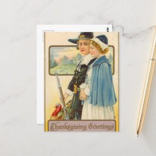 cute Thanksgiving Pilgrim vintage Holiday Postcard