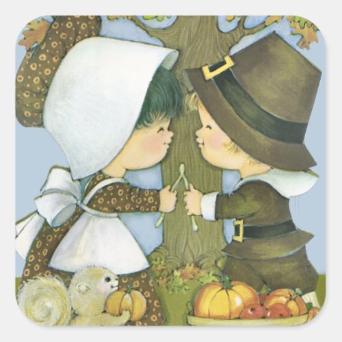 Cute Thanksgiving Pilgrim Wishes Square Sticker