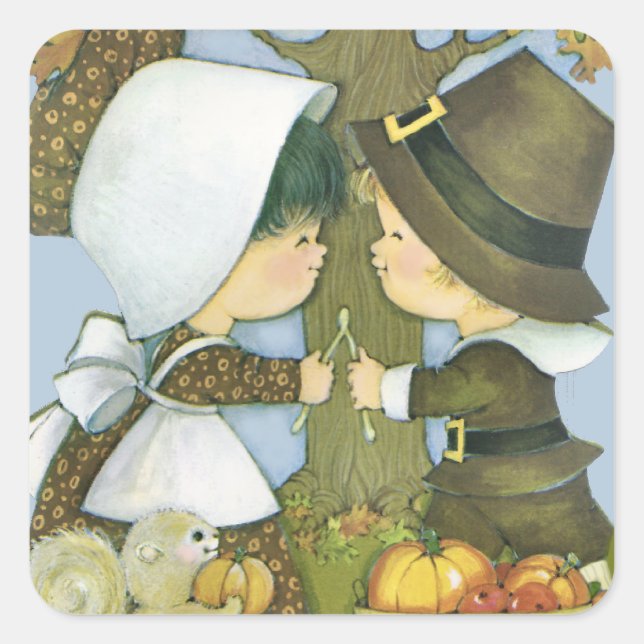 Cute Thanksgiving Pilgrim Wishes Square Sticker (Front)