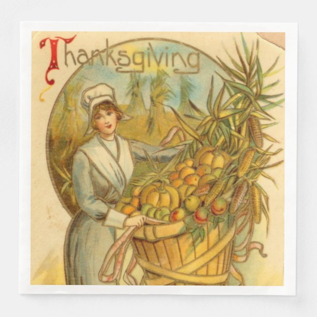cute Thanksgiving Pilgrims Holiday Paper Dinner Napkins (Front)