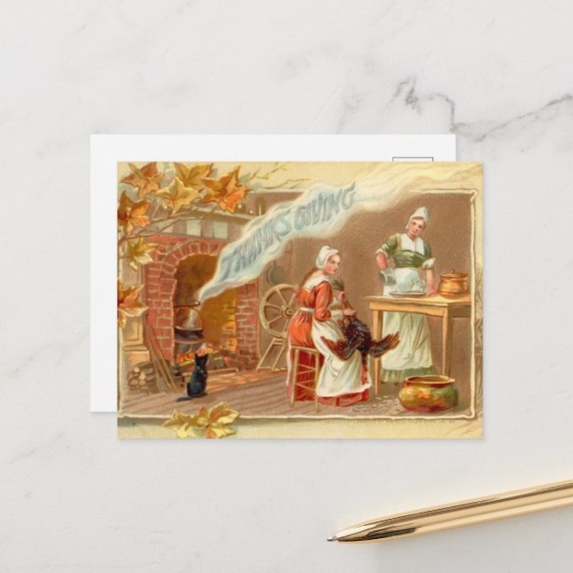 cute Thanksgiving Pilgrims Holiday Postcard (Front/Back In Situ)