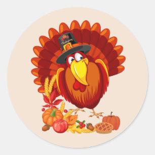 Cute Thanksgiving Turkey and Autumn Harvest Classic Round Sticker
