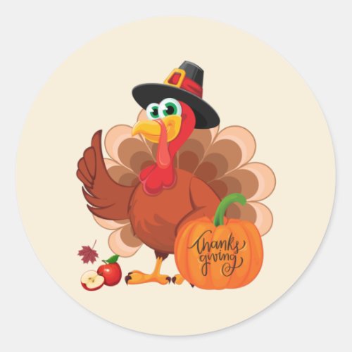 Cute Thanksgiving Turkey and Pumpkin Harvest  Classic Round Sticker