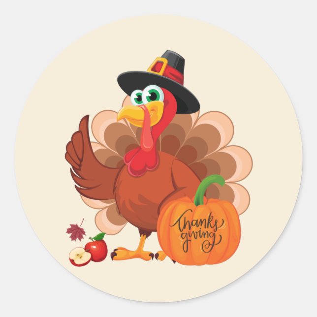 Cute Thanksgiving Turkey and Pumpkin Harvest  Classic Round Sticker (Front)