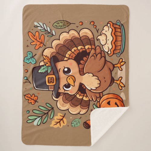 Cute Thanksgiving turkey and pumpkin Sherpa Blanket