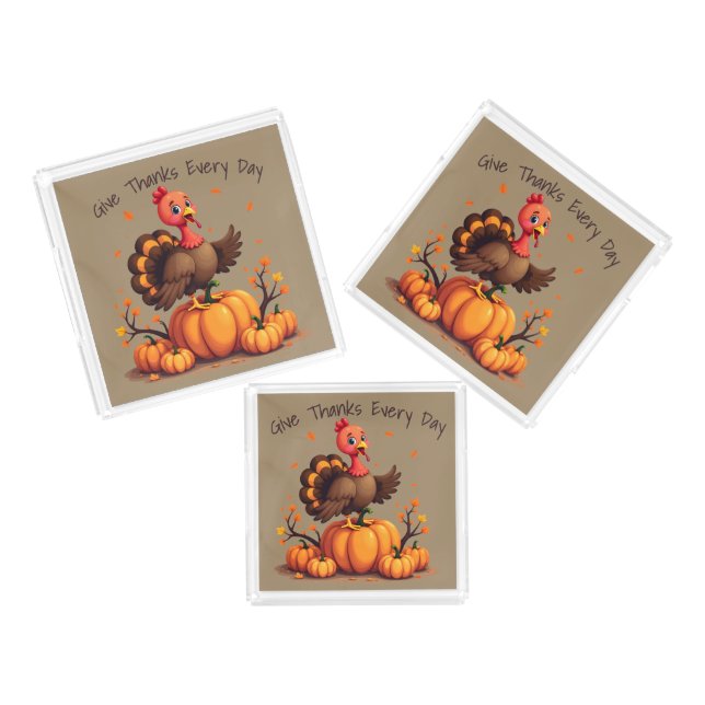 Cute Thanksgiving Turkey Autumn Pumpkins Scene Acrylic Tray (Set)