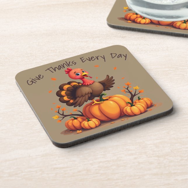 Cute Thanksgiving Turkey Autumn Pumpkins Scene Beverage Coaster (Left Side)