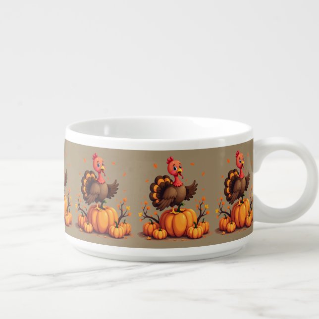 Cute Thanksgiving Turkey Autumn Pumpkins Scene Bowl (Left)