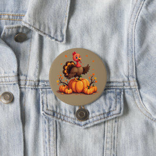 Cute Thanksgiving Turkey Autumn Pumpkins Scene Button