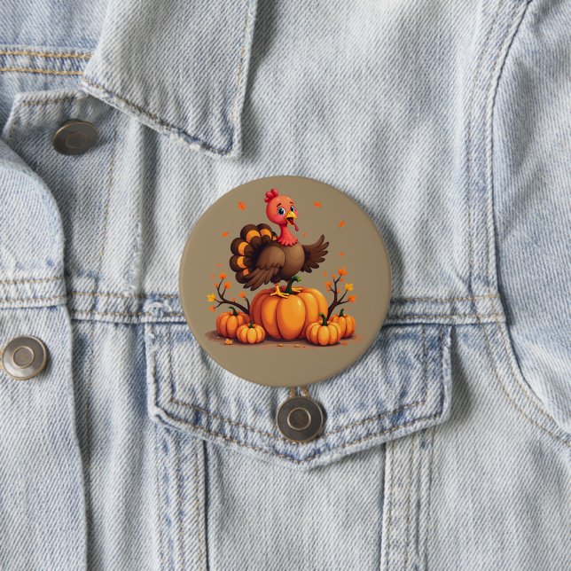 Cute Thanksgiving Turkey Autumn Pumpkins Scene Button (In Situ)