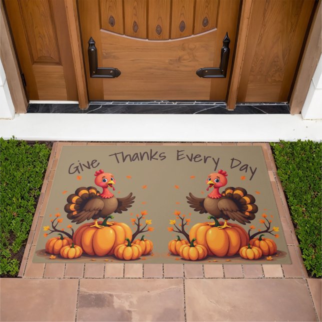 Cute Thanksgiving Turkey Autumn Pumpkins Scene Doormat (Outdoor)