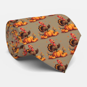 Cute Thanksgiving Turkey Autumn Pumpkins Scene Neck Tie