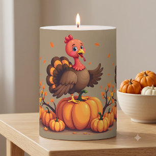 Cute Thanksgiving Turkey Autumn Pumpkins Scene Pillar Candle