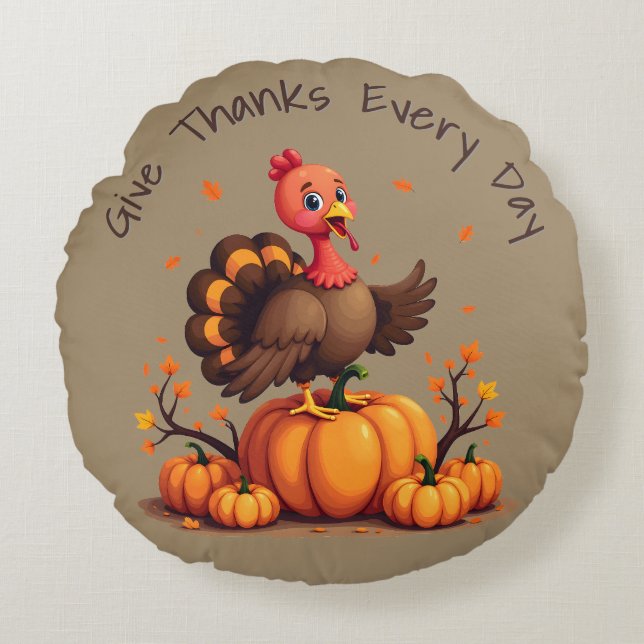 Cute Thanksgiving Turkey Autumn Pumpkins Scene Round Pillow (Front)