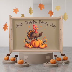 Cute Thanksgiving Turkey Autumn Pumpkins Scene Serving Tray