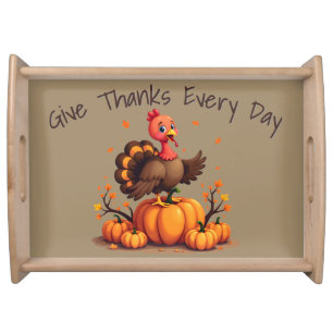 Cute Thanksgiving Turkey Autumn Pumpkins Scene Serving Tray