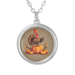 Cute Thanksgiving Turkey Autumn Pumpkins Scene Silver Plated Necklace