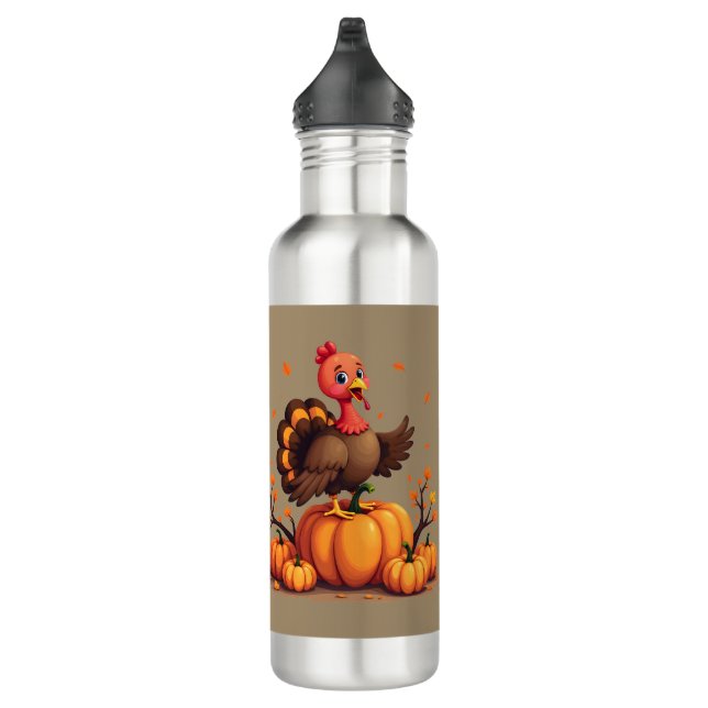Cute Thanksgiving Turkey Autumn Pumpkins Scene Stainless Steel Water Bottle (Right)