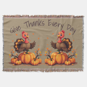 Cute Thanksgiving Turkey Autumn Pumpkins Scene Throw Blanket