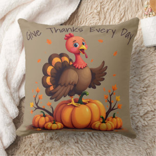 Cute Thanksgiving Turkey Autumn Pumpkins Scene Throw Pillow