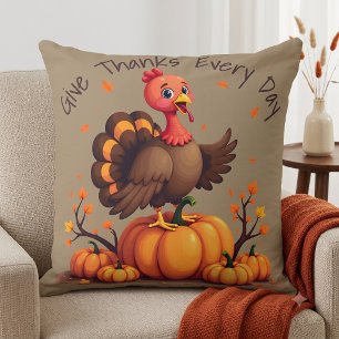 Cute Thanksgiving Turkey Autumn Pumpkins Scene Throw Pillow