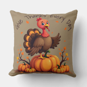 Cute Thanksgiving Turkey Autumn Pumpkins Scene Throw Pillow
