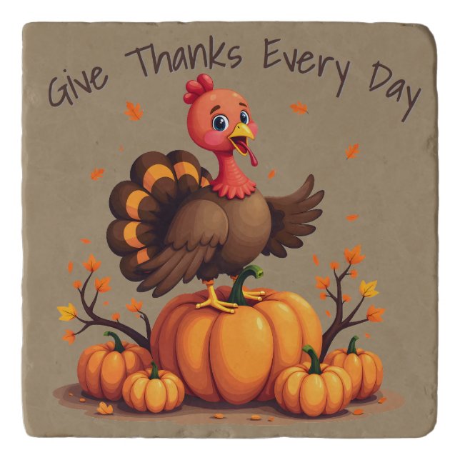 Cute Thanksgiving Turkey Autumn Pumpkins Scene Trivet (Front)