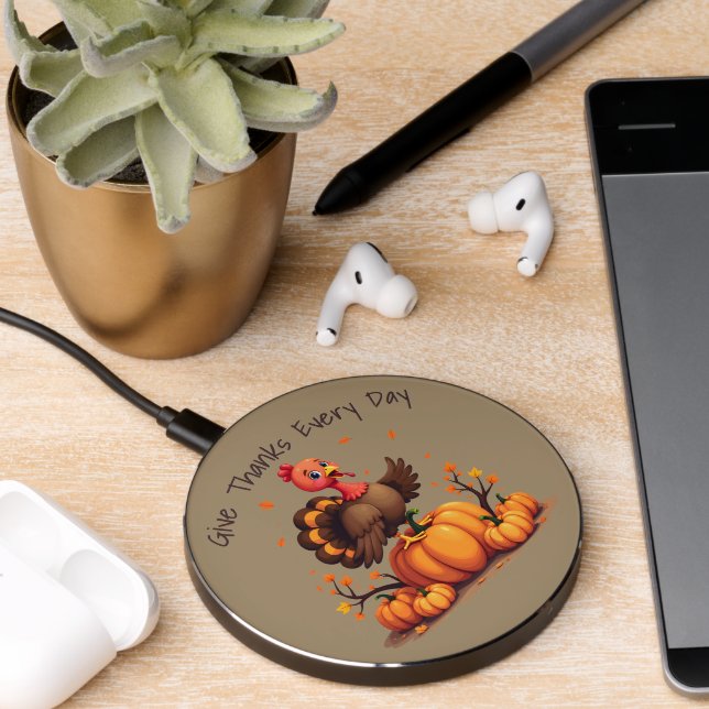 Cute Thanksgiving Turkey Autumn Pumpkins Scene Wireless Charger (Desk 2)