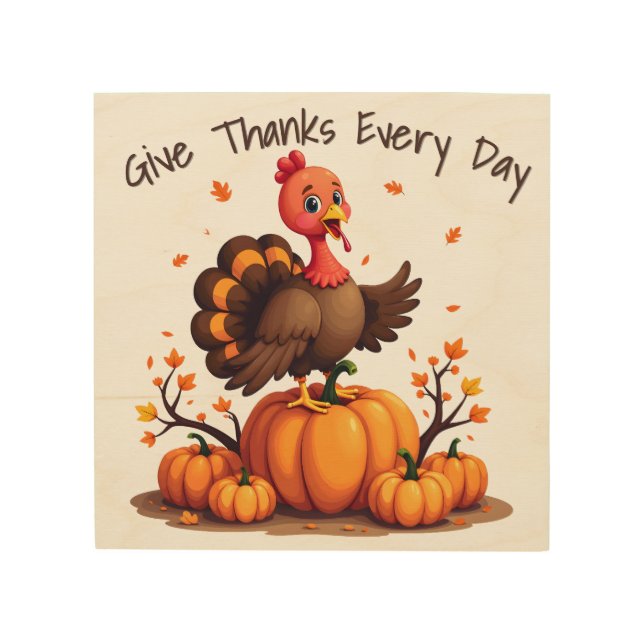 Cute Thanksgiving Turkey Autumn Pumpkins Scene Wood Wall Art (Front)