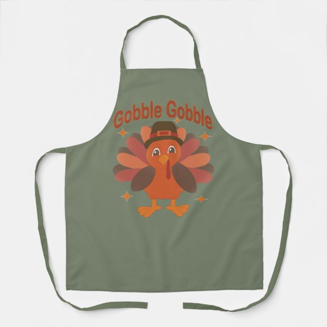 Cute Thanksgiving Turkey Cartoon – “Gobble Gobble” Apron (Front)