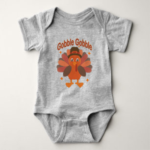 Cute Thanksgiving Turkey Cartoon – “Gobble Gobble” Baby Bodysuit