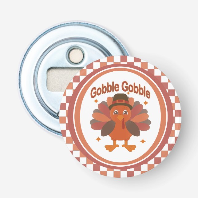 Cute Thanksgiving Turkey Cartoon – “Gobble Gobble” Bottle Opener (Front)