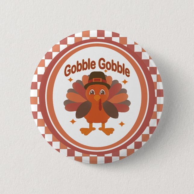 Cute Thanksgiving Turkey Cartoon – “Gobble Gobble” Button (Front)