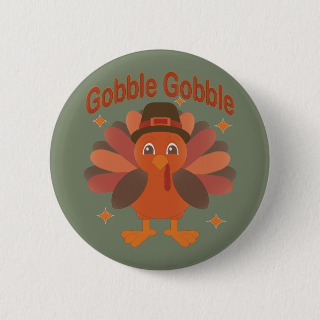 Cute Thanksgiving Turkey Cartoon – “Gobble Gobble” Button (Front)