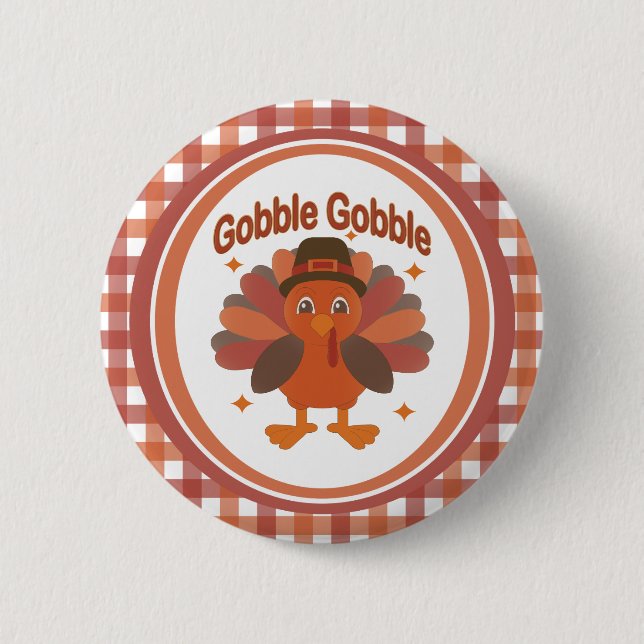 Cute Thanksgiving Turkey Cartoon – “Gobble Gobble” Button (Front)