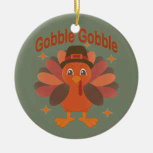 Cute Thanksgiving Turkey Cartoon – “Gobble Gobble” Ceramic Ornament
