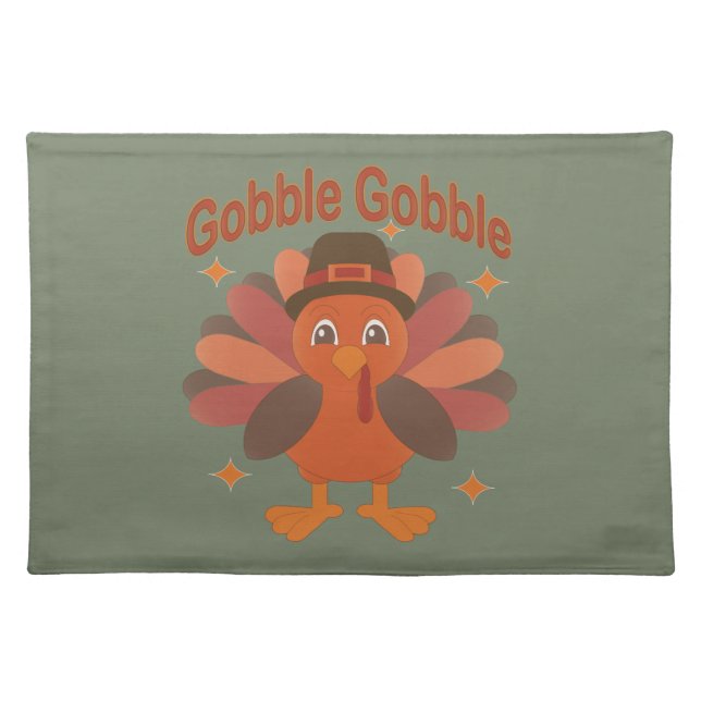 Cute Thanksgiving Turkey Cartoon – “Gobble Gobble” Cloth Placemat (Front)