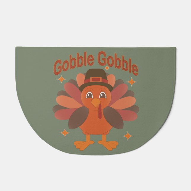 Cute Thanksgiving Turkey Cartoon – “Gobble Gobble” Doormat (Front)
