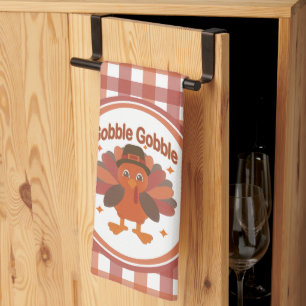 Cute Thanksgiving Turkey Cartoon – “Gobble Gobble” Kitchen Towel