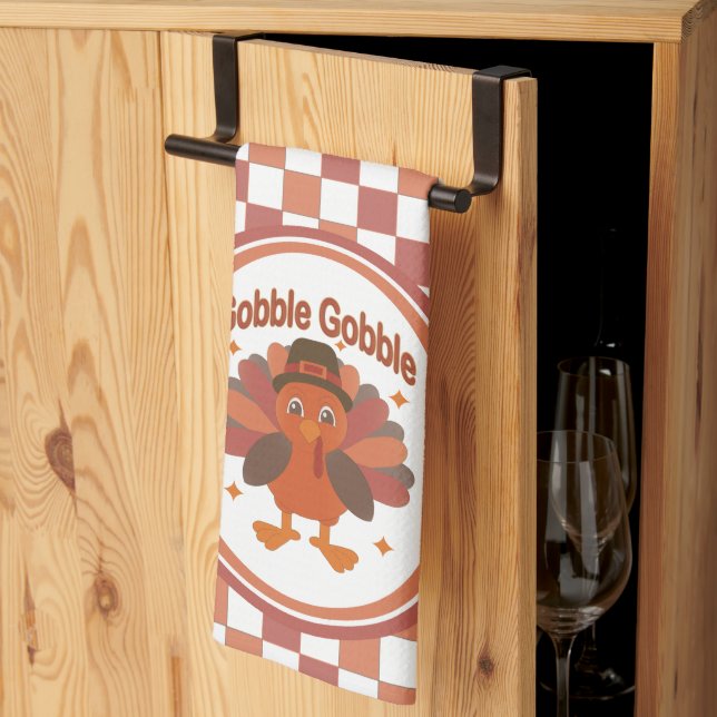 Cute Thanksgiving Turkey Cartoon – “Gobble Gobble” Kitchen Towel (Thirds Fold)