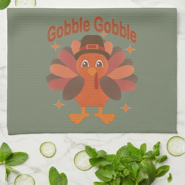 Cute Thanksgiving Turkey Cartoon – “Gobble Gobble” Kitchen Towel (Folded)