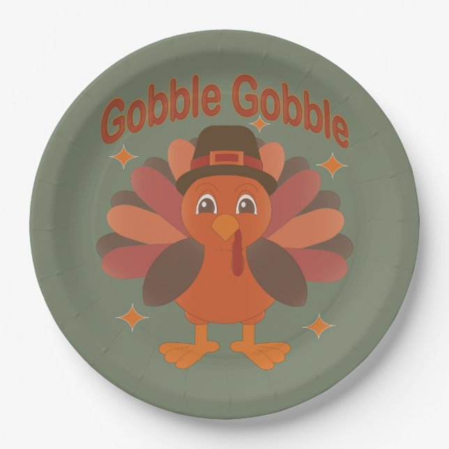 Cute Thanksgiving Turkey Cartoon – “Gobble Gobble” Paper Plates (Front)