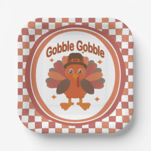Cute Thanksgiving Turkey Cartoon – “Gobble Gobble” Paper Plates