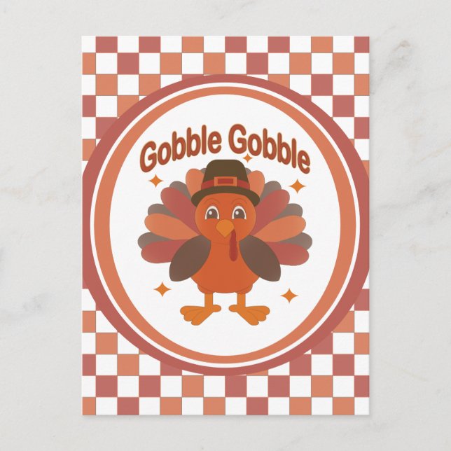 Cute Thanksgiving Turkey Cartoon – “Gobble Gobble” Postcard (Front)