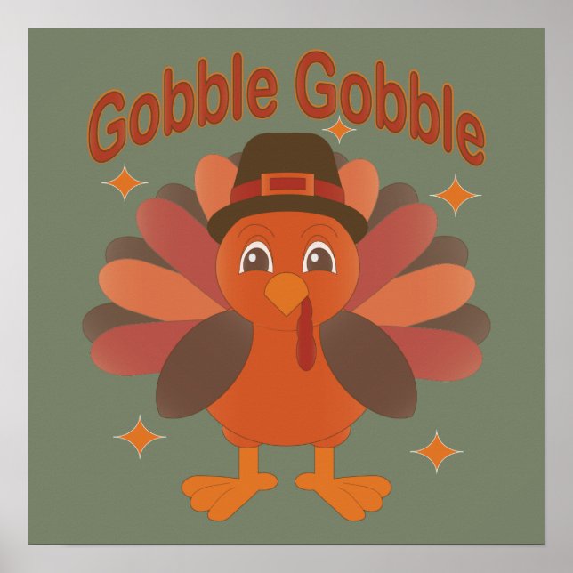 Cute Thanksgiving Turkey Cartoon – “Gobble Gobble” Poster (Front)