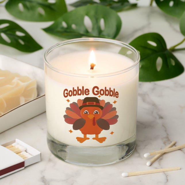 Cute Thanksgiving Turkey Cartoon – “Gobble Gobble” Scented Candle (Lit)