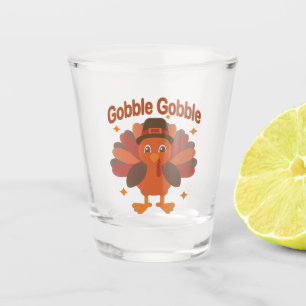 Cute Thanksgiving Turkey Cartoon – “Gobble Gobble” Shot Glass